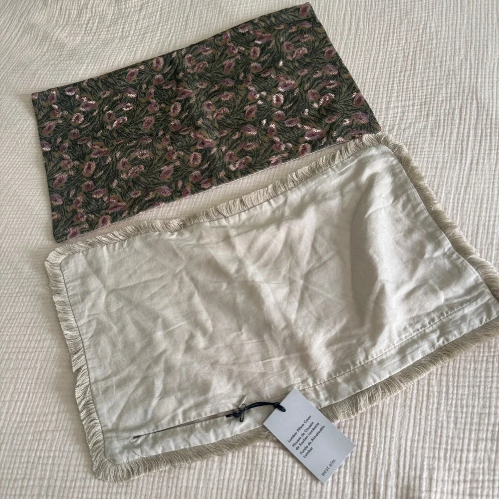 West Elm Lumbar Pillow Cover 2pc Set 12x21 Beige Fringe Green Floral NWT NWOT